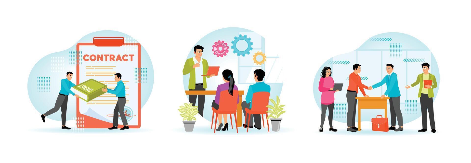 Business meeting and successful contract signing, human resources concept vector