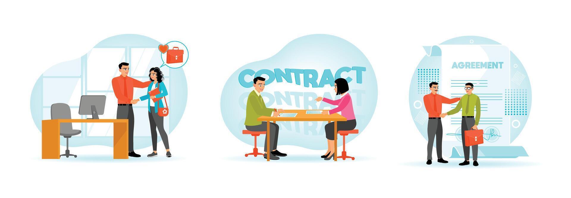 Office scenes featuring contract signing and professional partnerships vector
