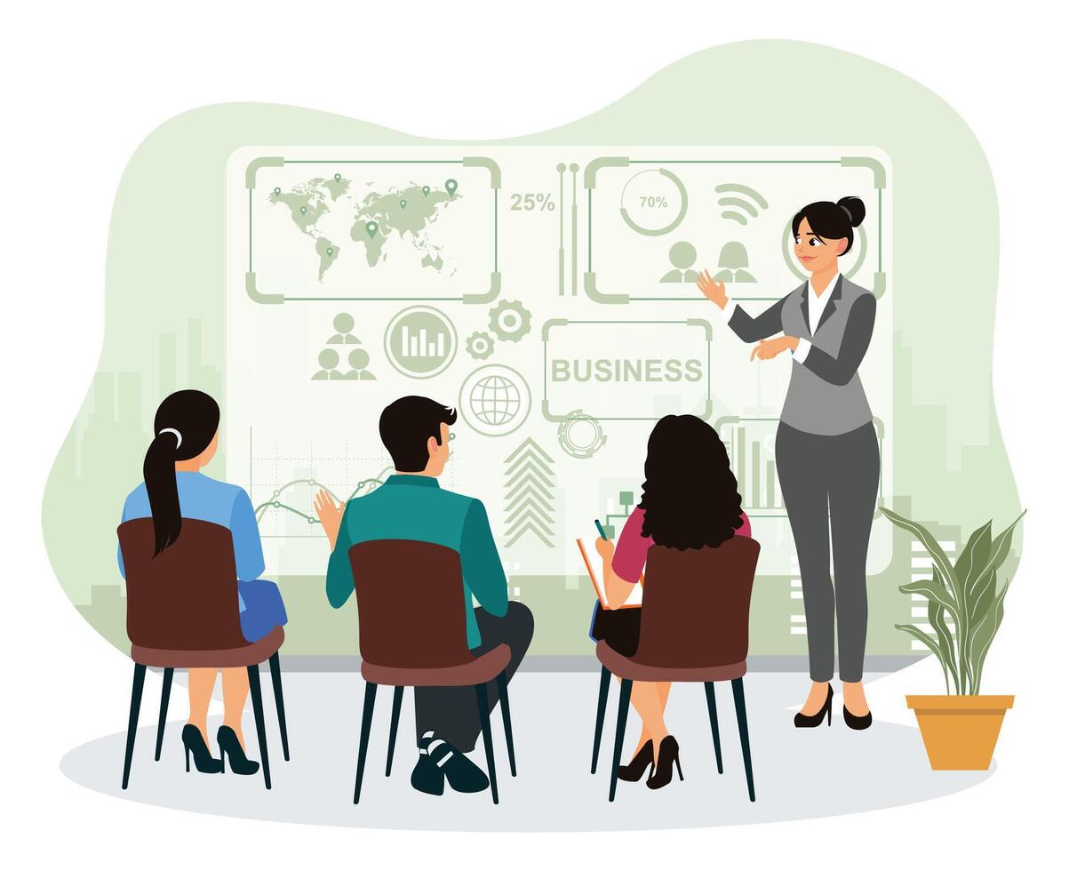 Businesswoman discussing with team or colleagues about work project in meeting room. vector