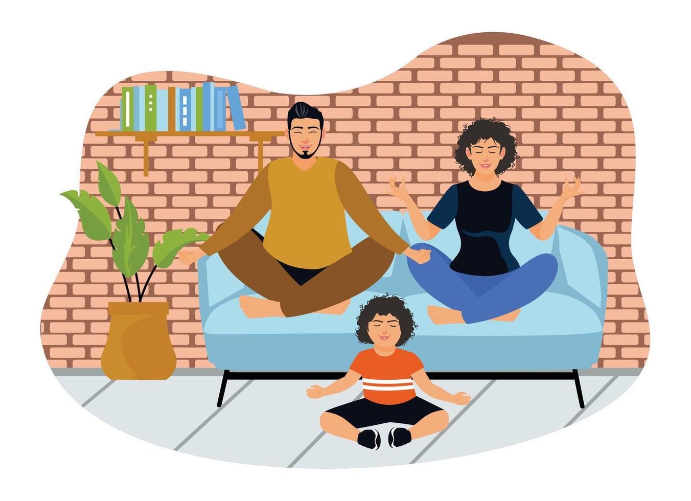 Happy family doing morning yoga practice while meditating on the sofa at home. vector