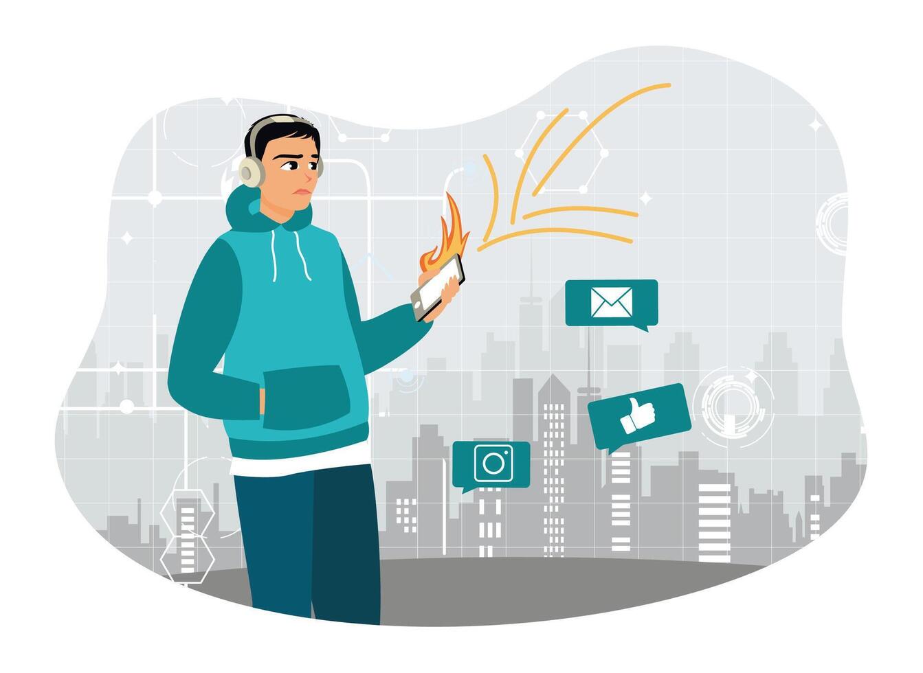 Young man spend time online, surfing internet in phone. vector