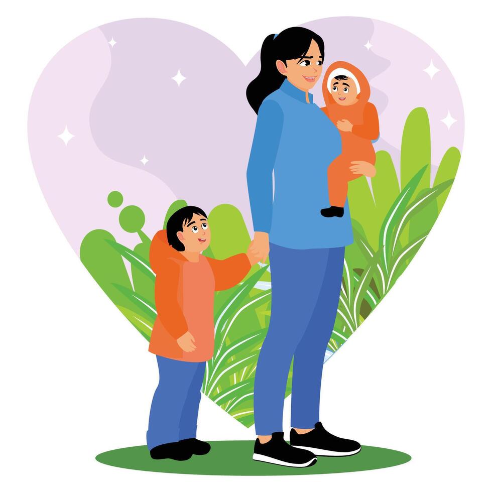 A happy mother cradles and holds her children hands. vector