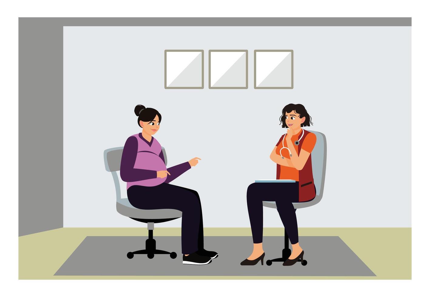 Pregnant women consult with doctors at the clinic. vector