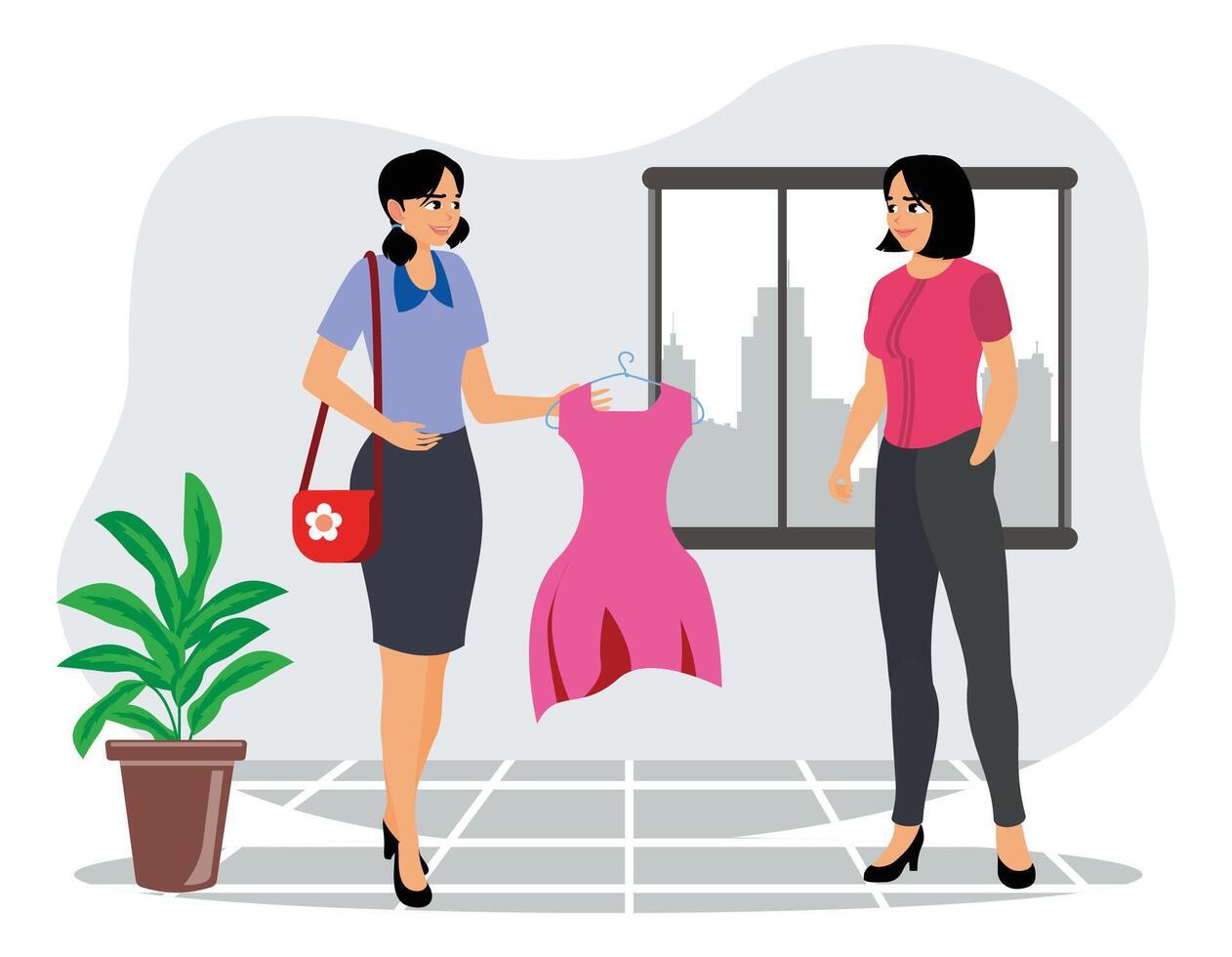 Two women discussing a dress in a modern indoor setting. vector