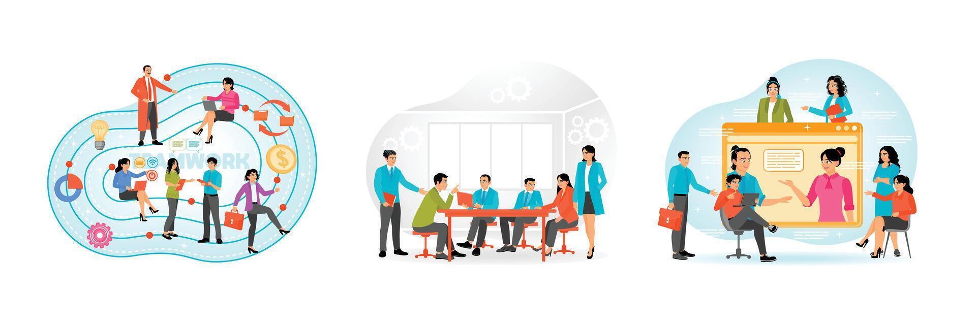 The business team holds meetings to discuss ideas and tasks during the briefing. vector
