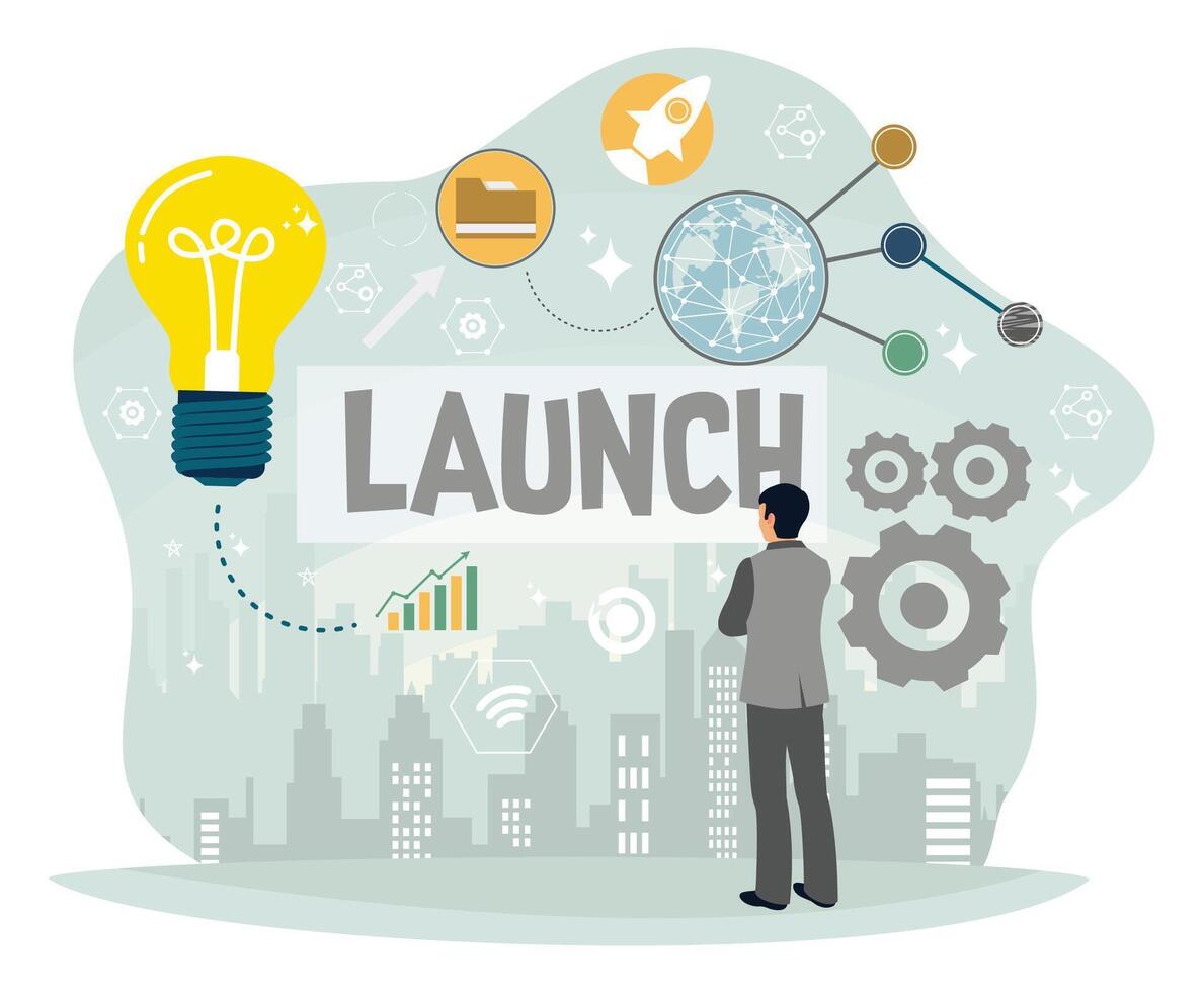 Entrepreneurs analyze launch data growth. vector