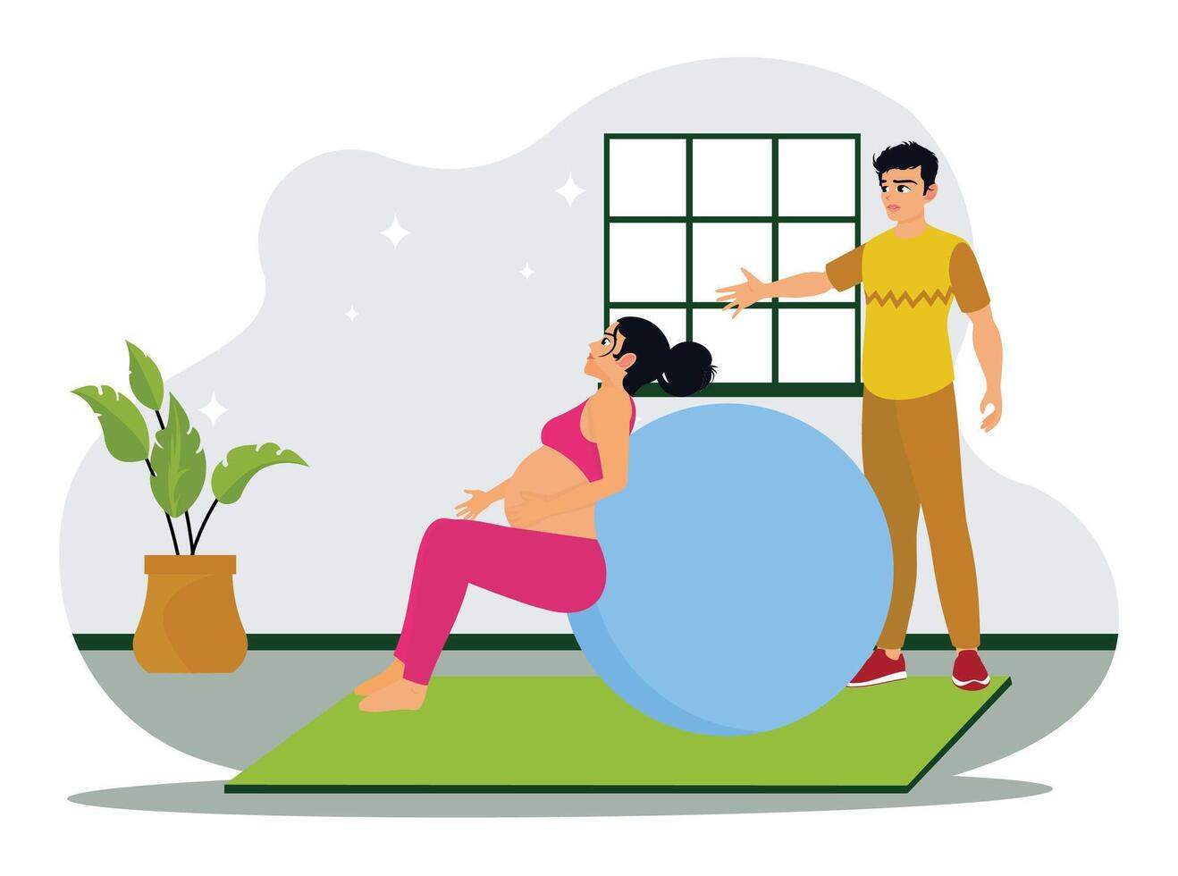 Pregnant woman exercising with stability ball accompanied by her husband. vector