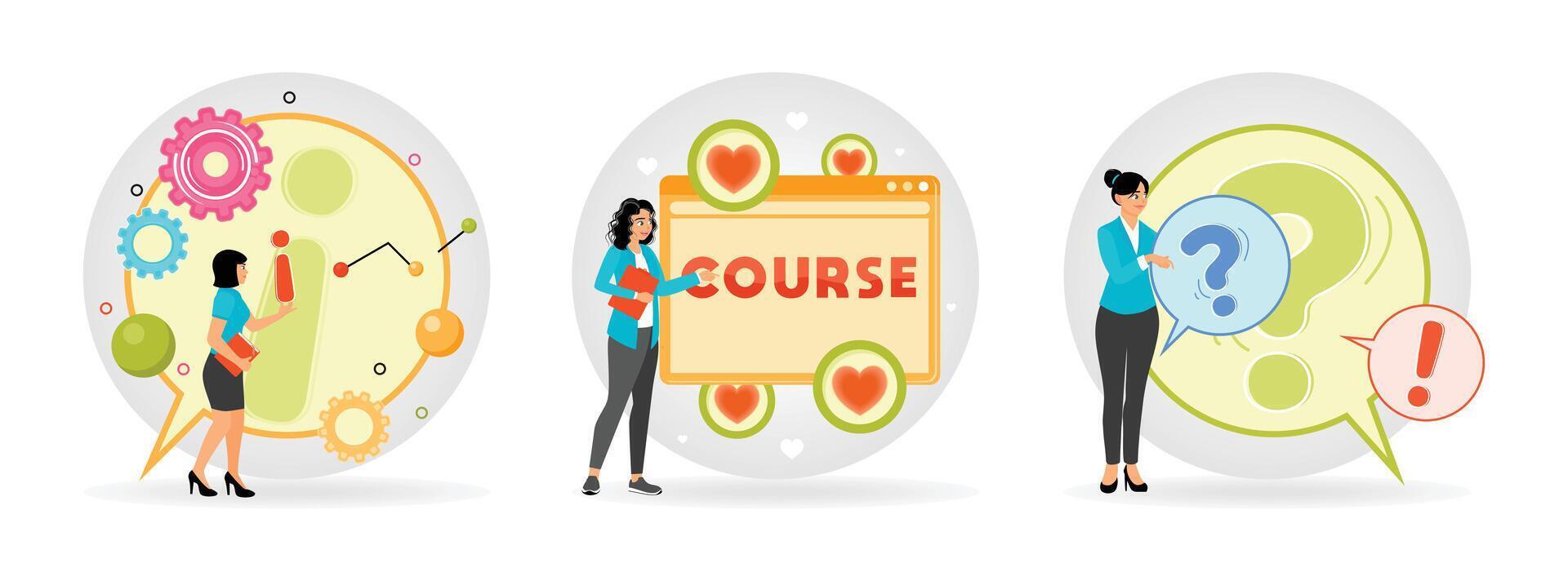 Analyze Plan Optimization. Online Learning With Female Instructor. Question and Exclamation Mark. vector