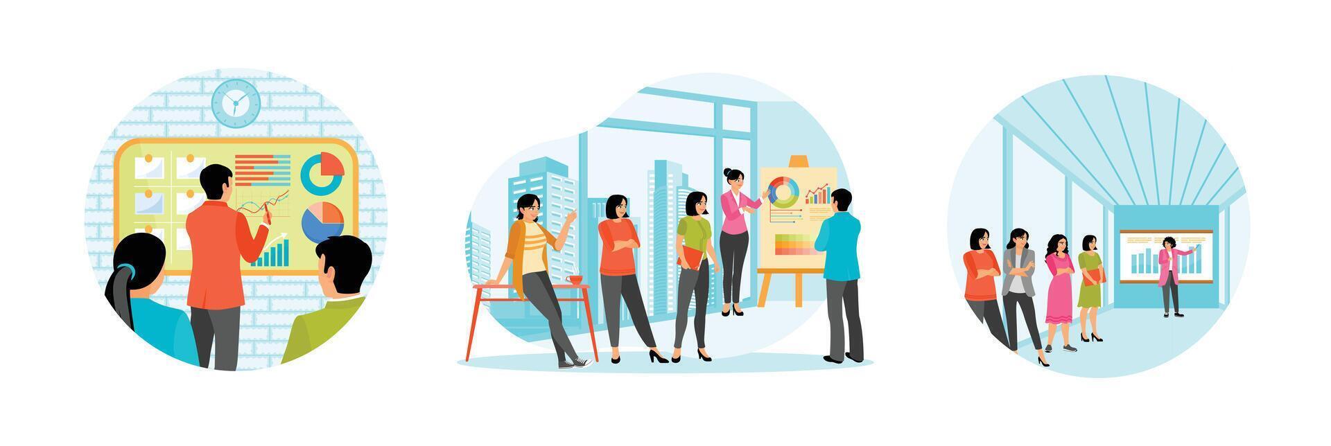 A business team analyzing data charts and graphs in Modern workspace with cityscape view. vector