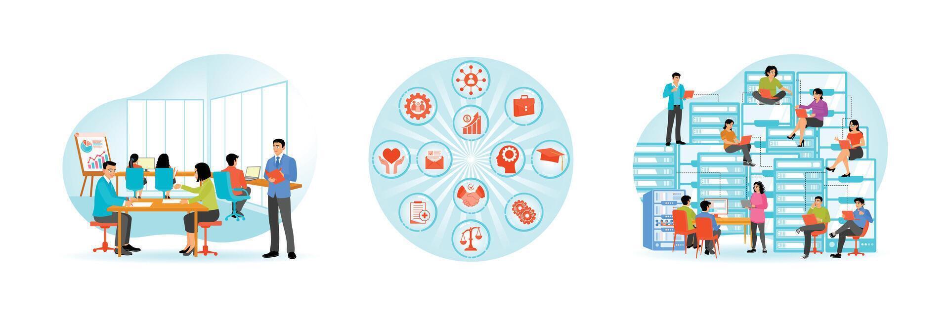 Circular icons depicting various life aspects.Office worker in a workplace environment vector