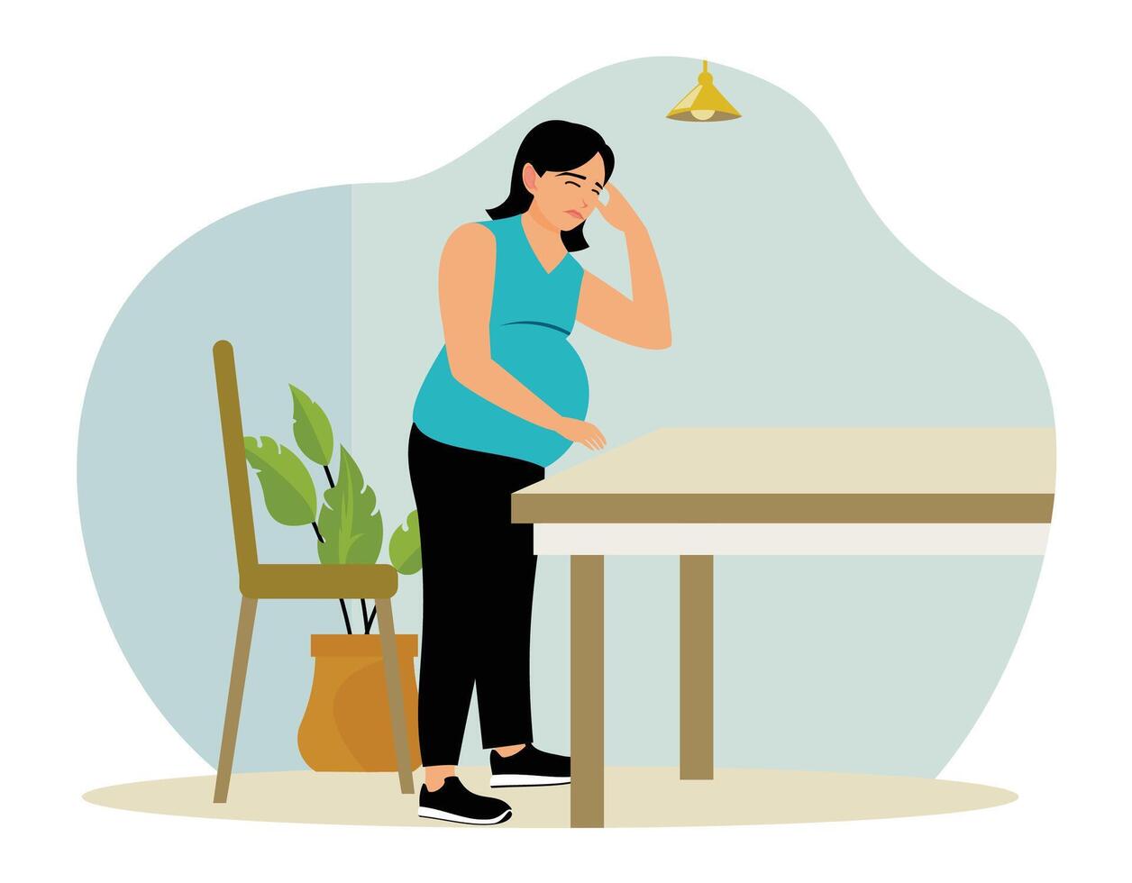 Pregnant woman holding head and leaning on table feeling unwell. vector