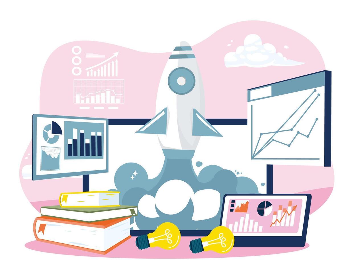Business growth with charts and rocket launches. vector