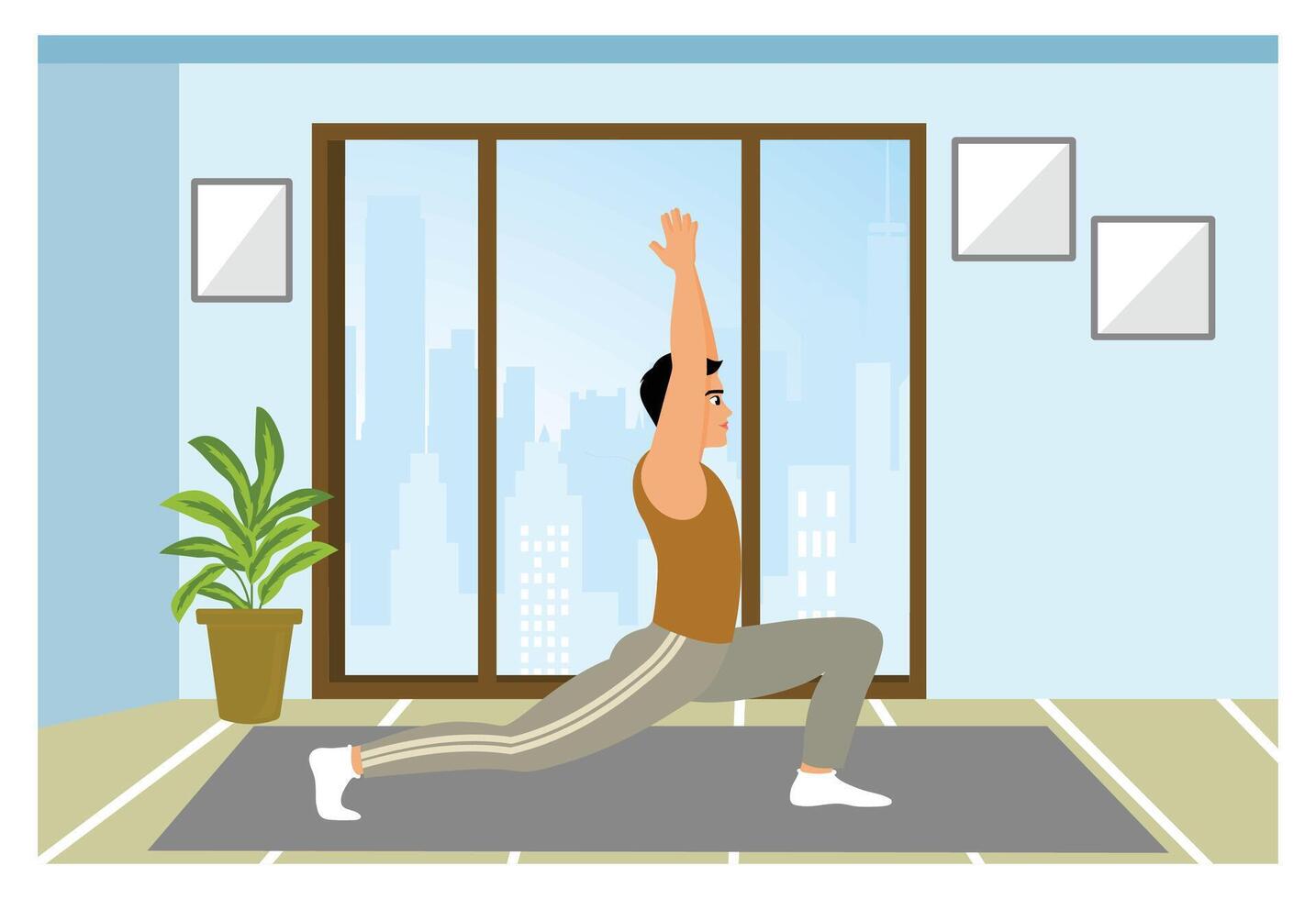 Man practicing yoga at home in the morning. vector