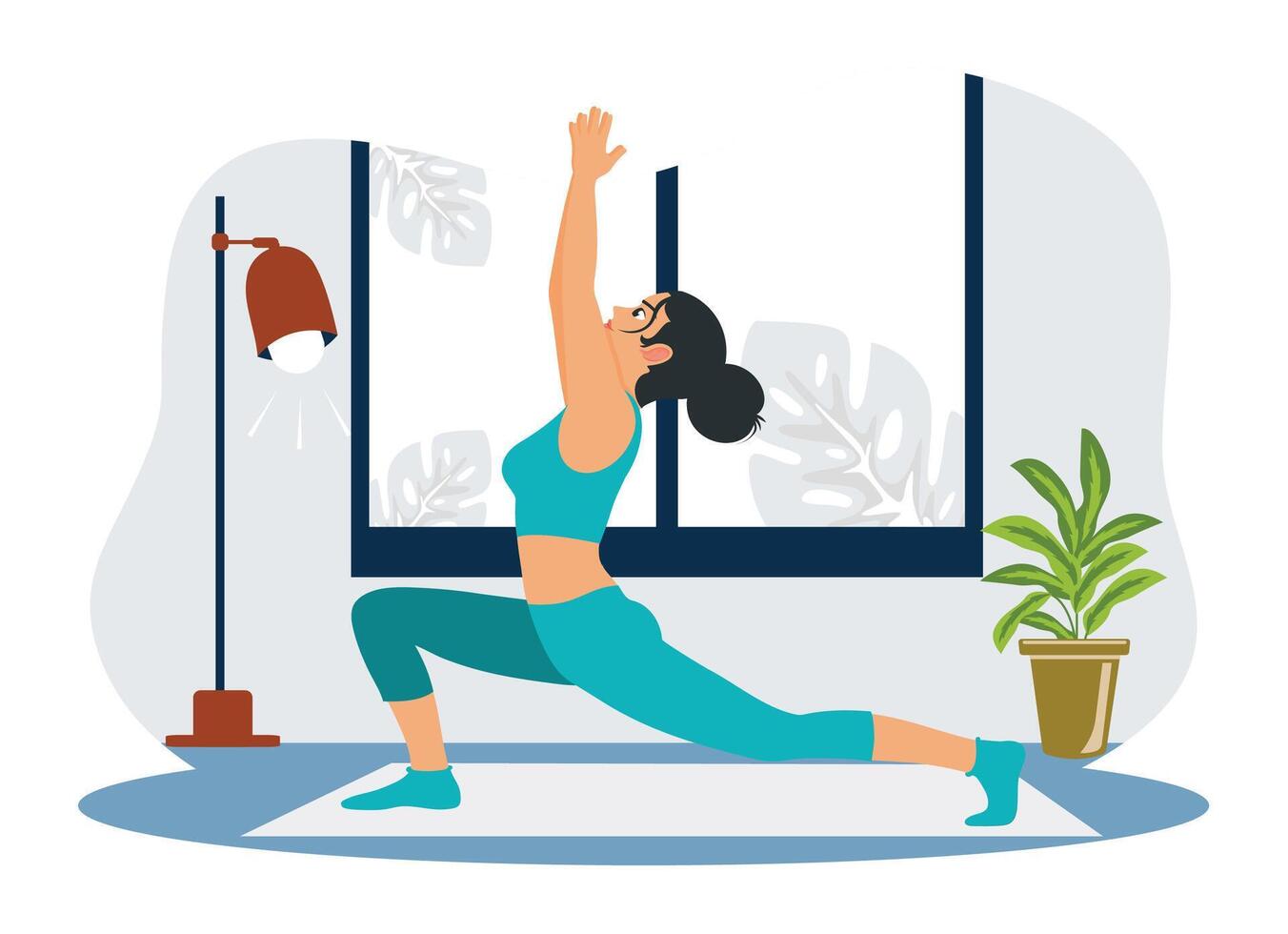Girl performing aerobics exercise and morning meditation at home. vector