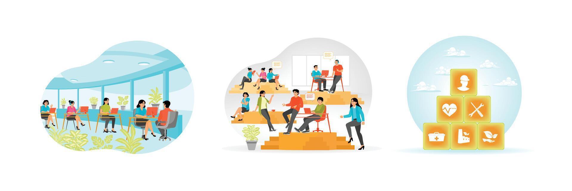 Green Office scene with group of workers. Icons professionals, healthcare and eco-friendliness vector