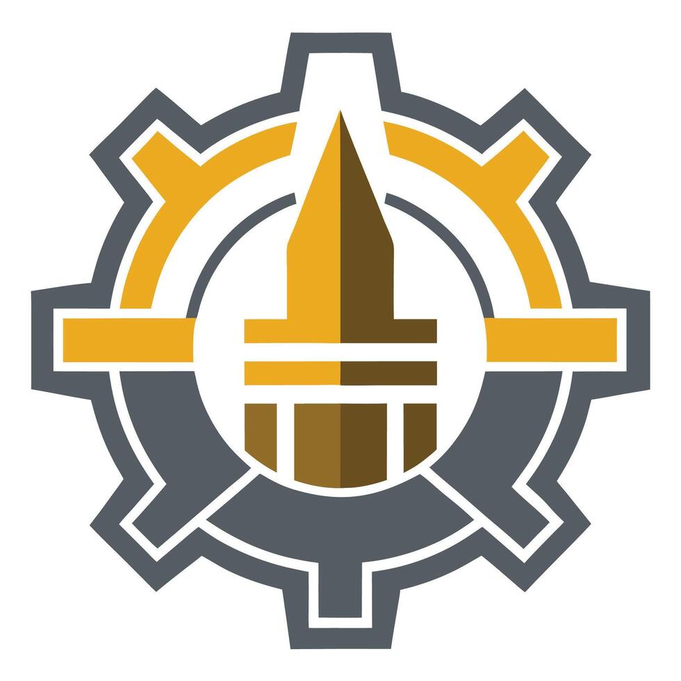 Industrial minimalist logo featuring a gear and stylized machinery element in muted colors vector