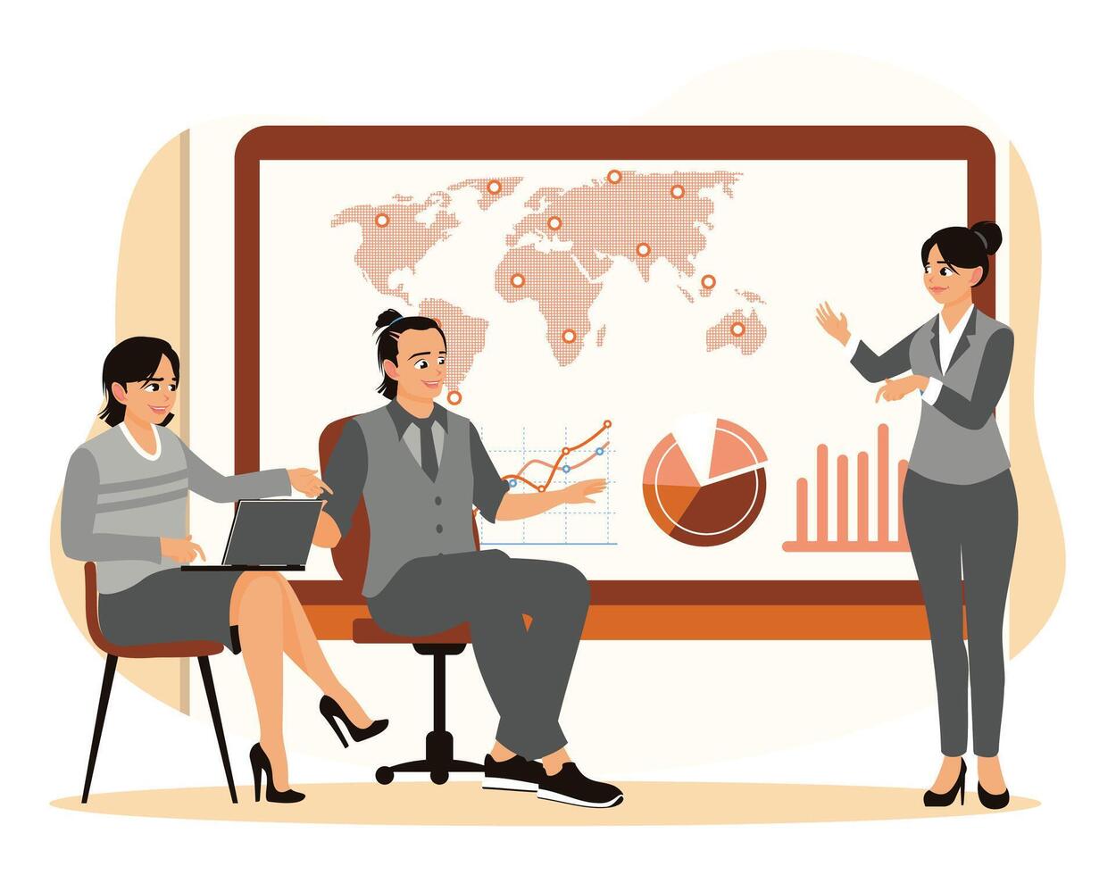 A group of colleagues discuss statistical data in the office. vector