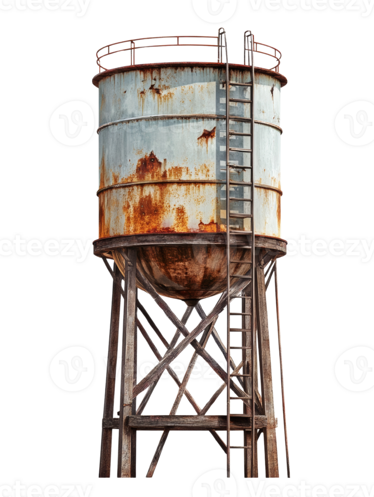 Distressed elevated water tower with ladder revealing rust and age isolated png