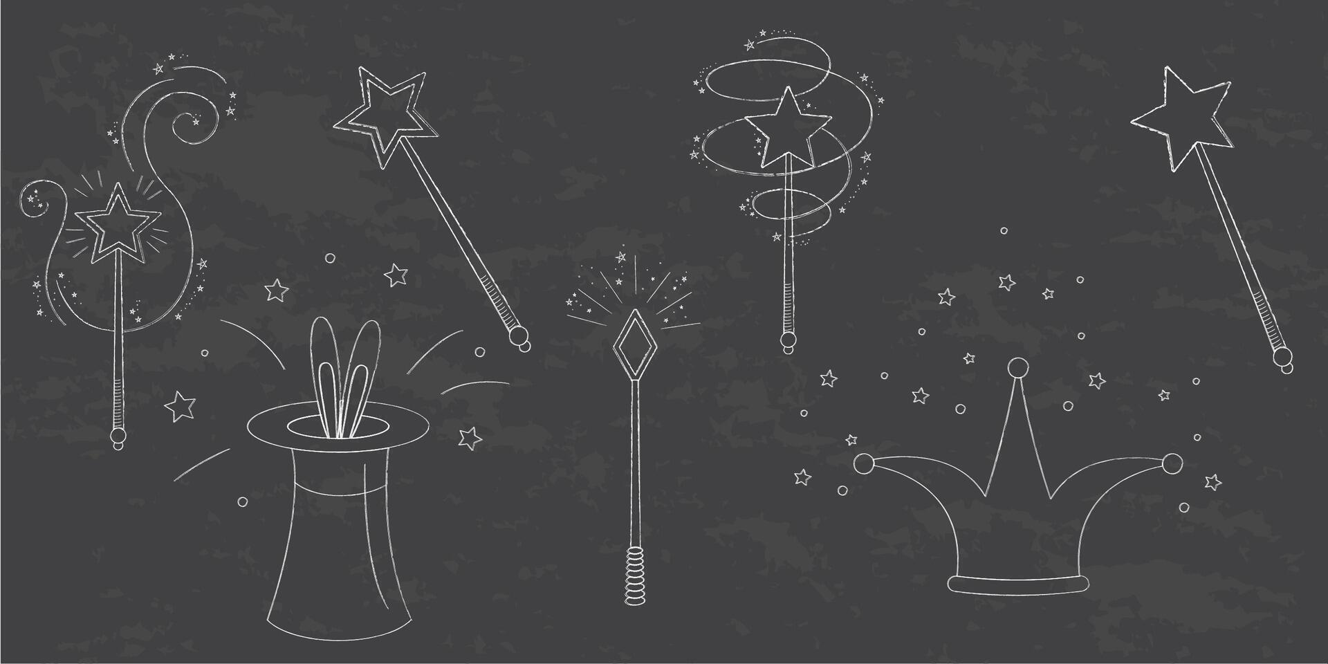 Magic wands and elements chalk crayon doodle set. Fairytale element in sketch style. Hand drawn illustration isolated on white background vector
