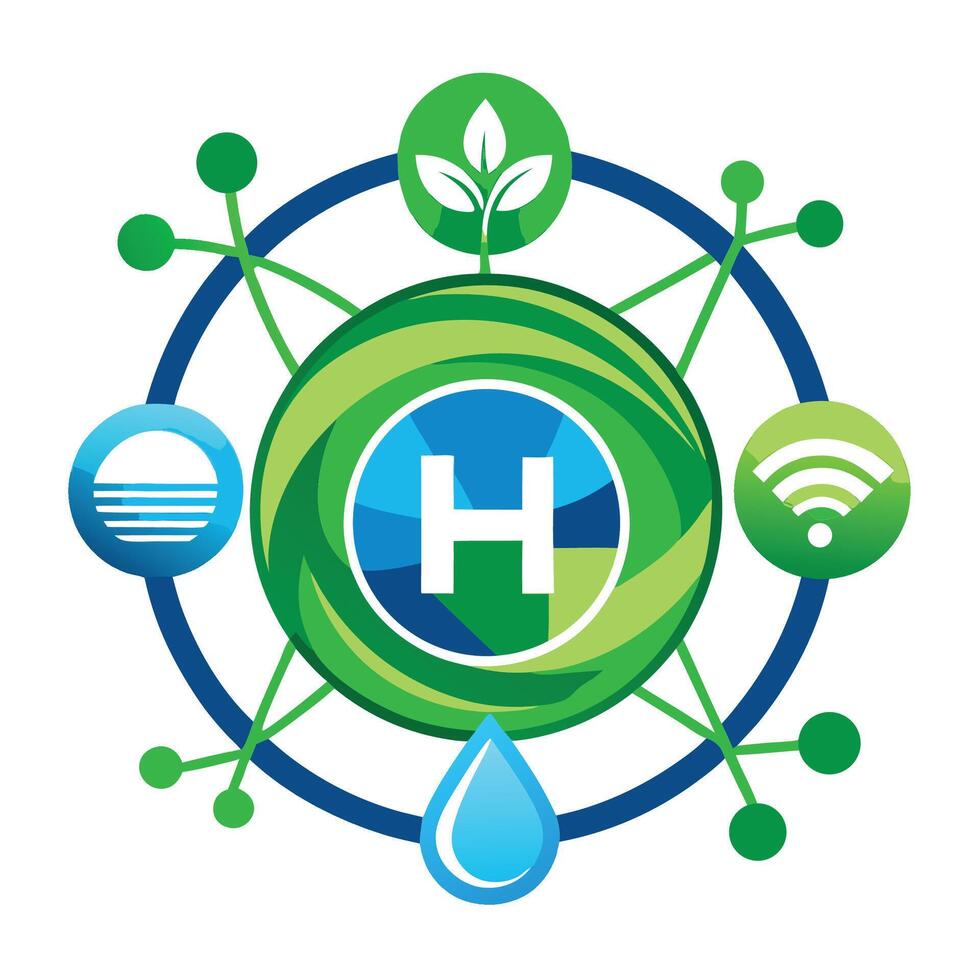 Modern logo representing green hydrogen innovation and sustainable energy solutions for a cleaner future vector