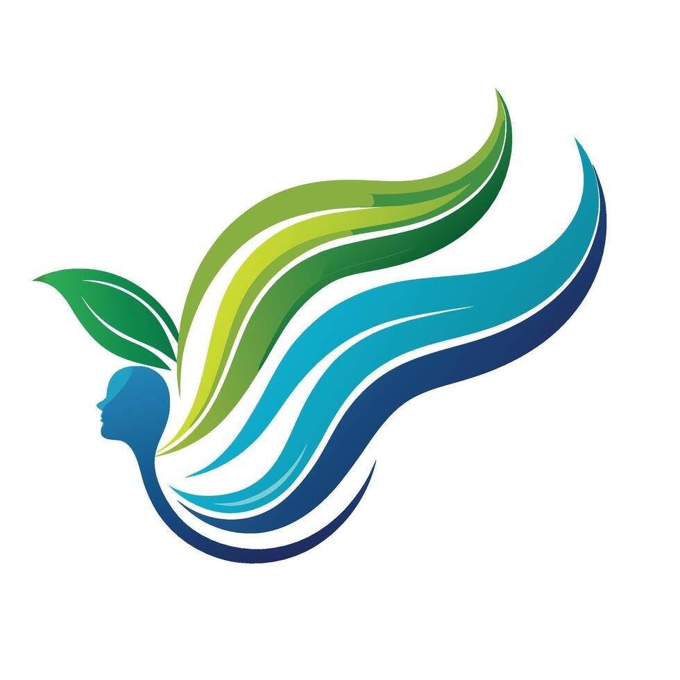 Flowing design showcasing an elegant logo for a hair care brand featuring a face silhouette and stylized hair strands with leaf motifs in vibrant colors vector