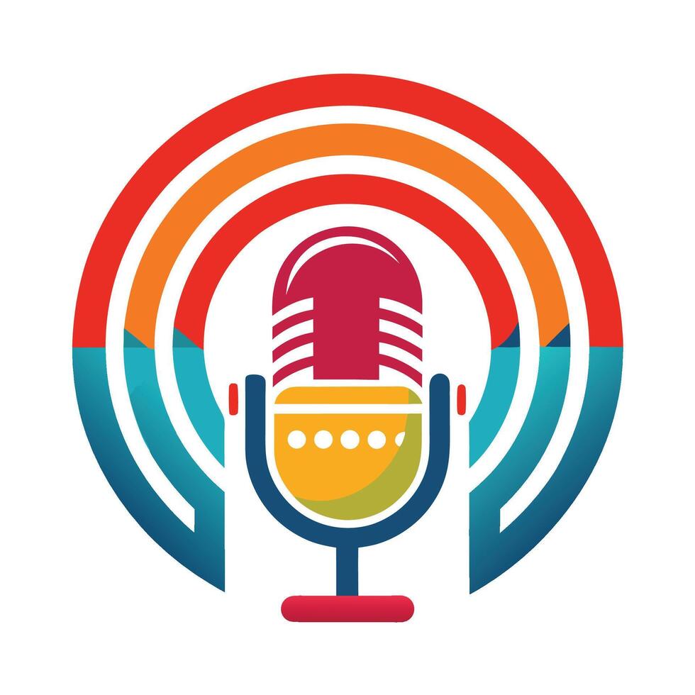 Colorful audio logo showcasing a microphone design for a podcast network featuring sound waves in vibrant hues and a modern aesthetic vector