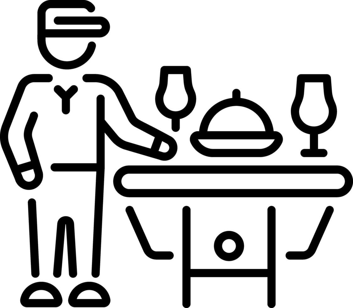 Hotel waiter serving food, line style icon vector