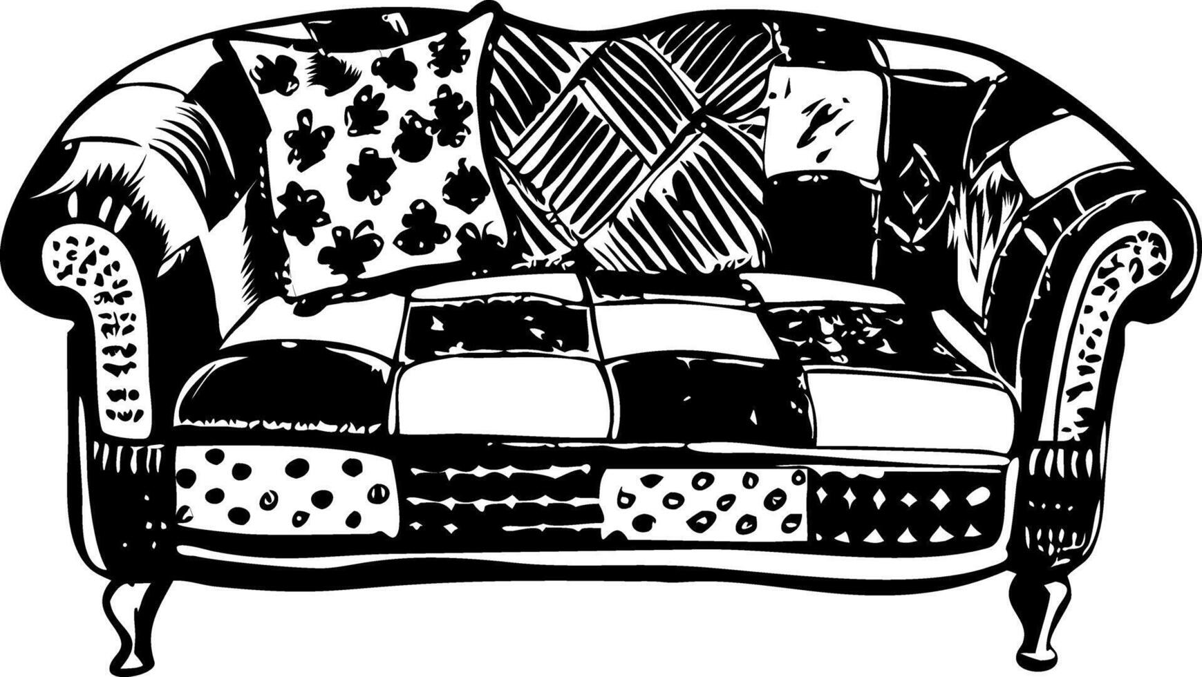 A sketchy style illustration of a patchwork sofa vector