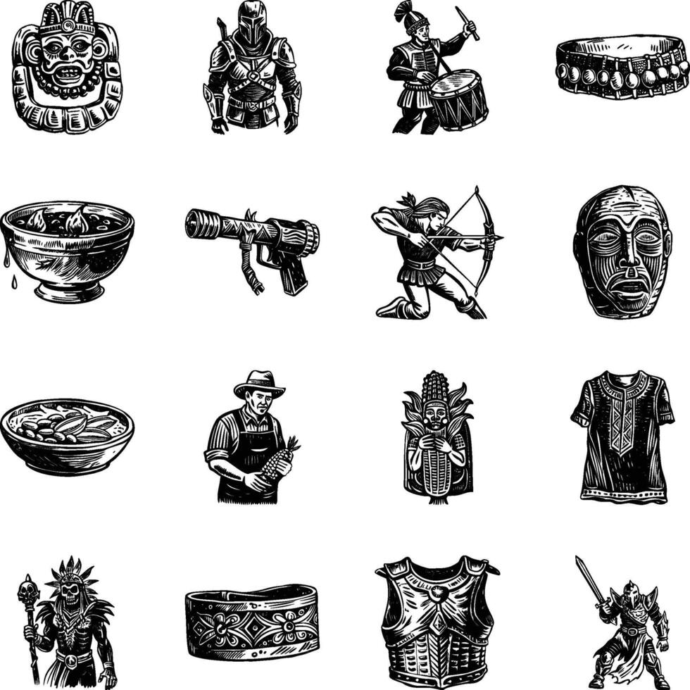 Collection of Vintage Style Maya Art Illustrations vector