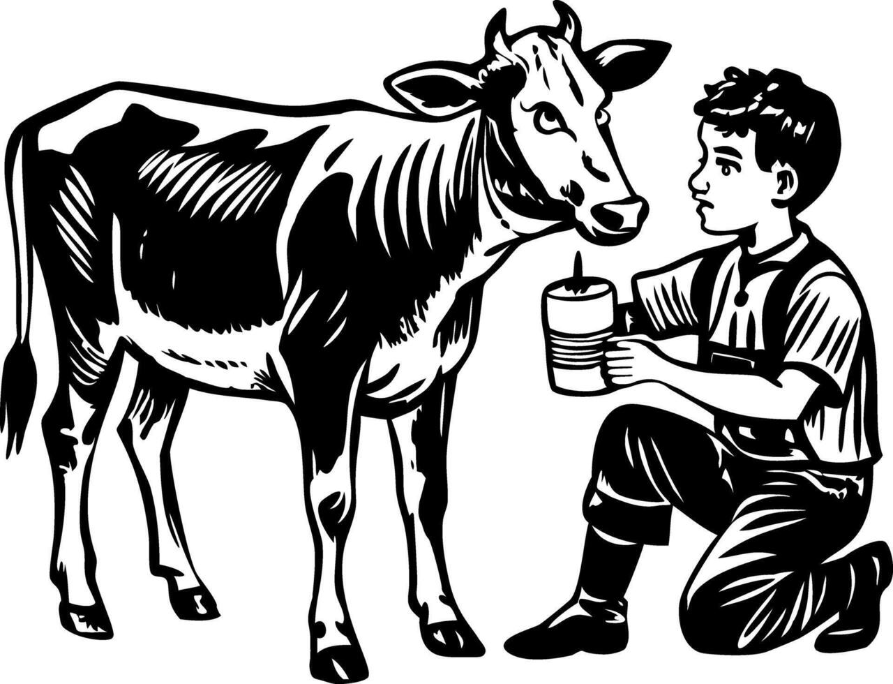 Feeding cow illustration in vintage style vector