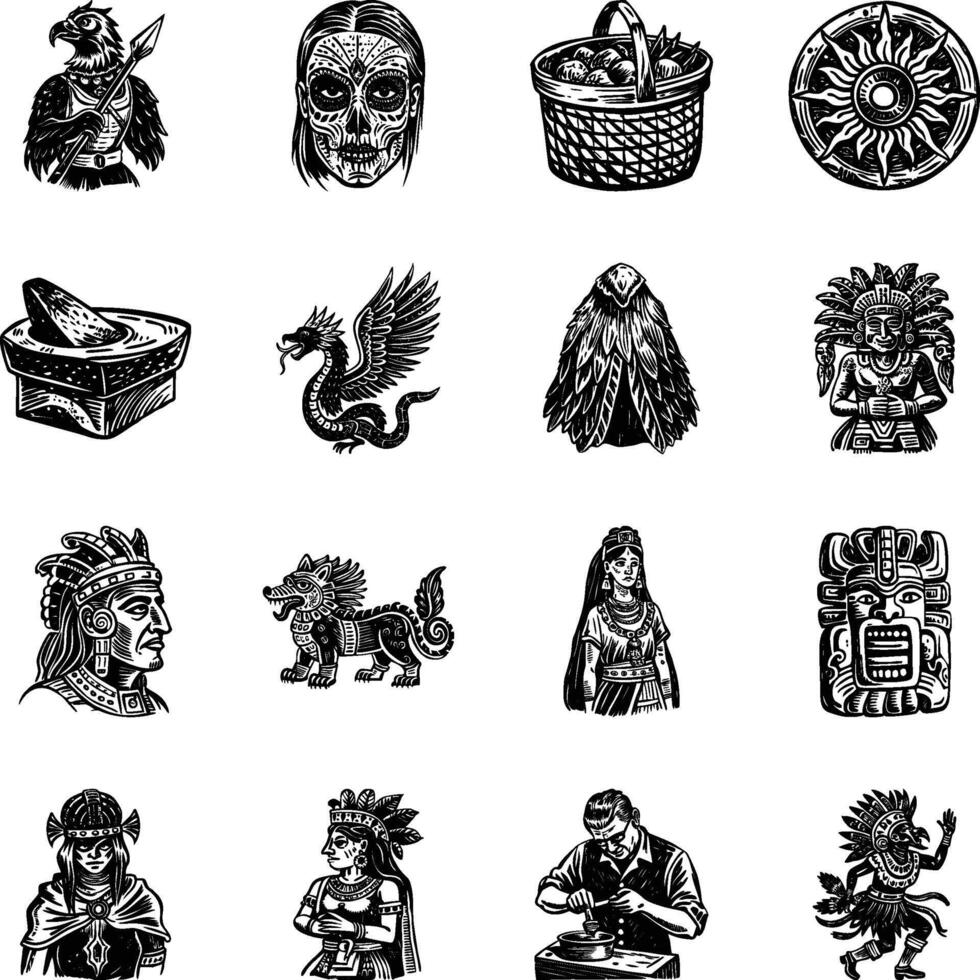 Set of Vintage Style Ancient Maya Illustrations vector