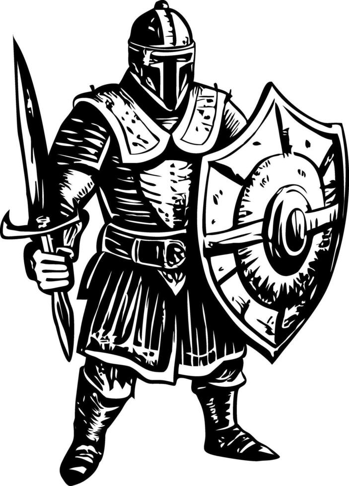 An armour character holding a shield bearer, vintage illustration vector
