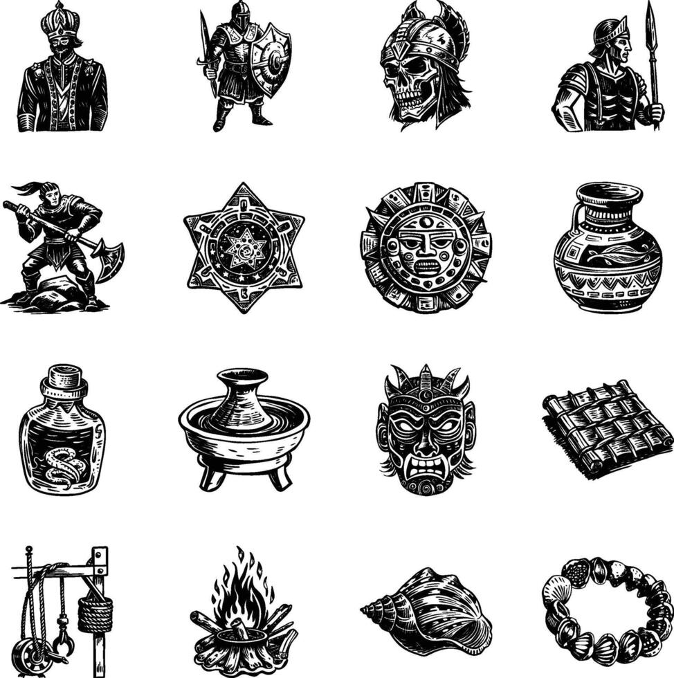 Set of Vintage Style Maya Culture Illustrations vector