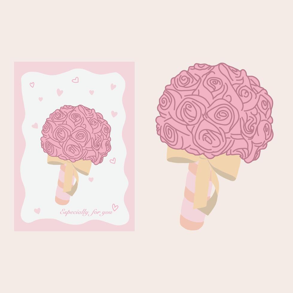 Cute bouquet of pink roses flower greeting card template design illustration vector