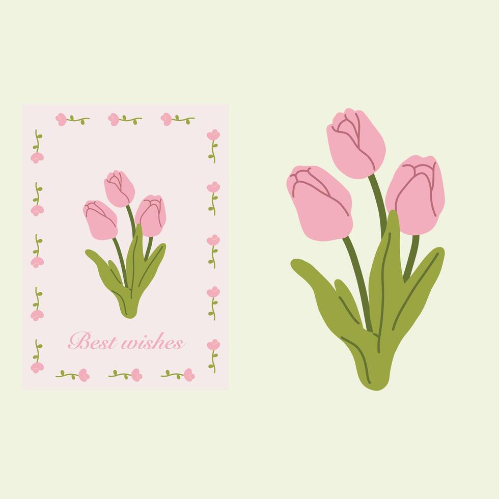 Bouquet of pink tulips greeting card template illustration vector
