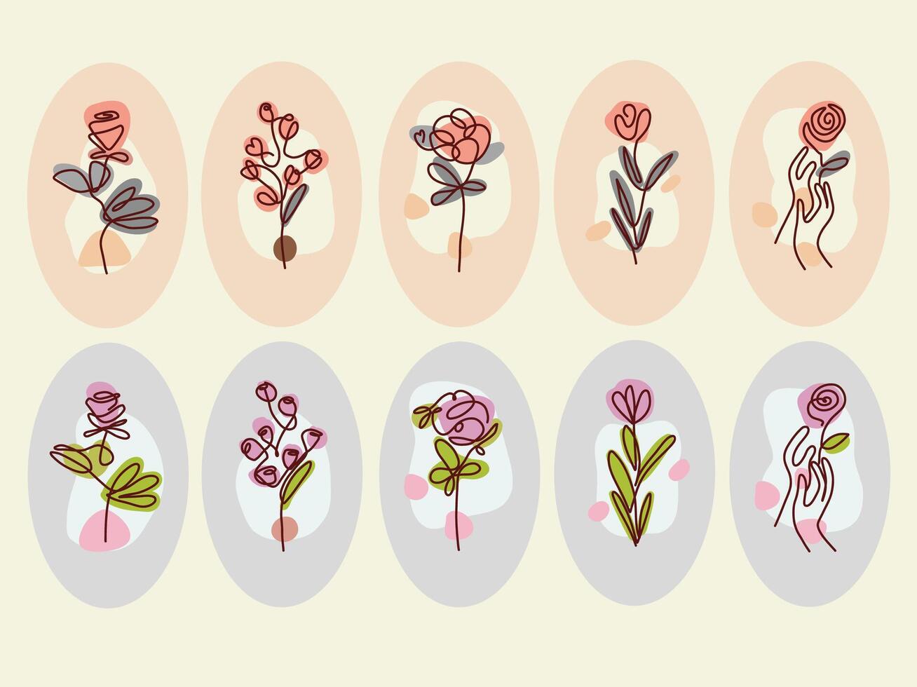 Set of hand drawn flowers, plants and branches with leaves illustration in trendy colors vector