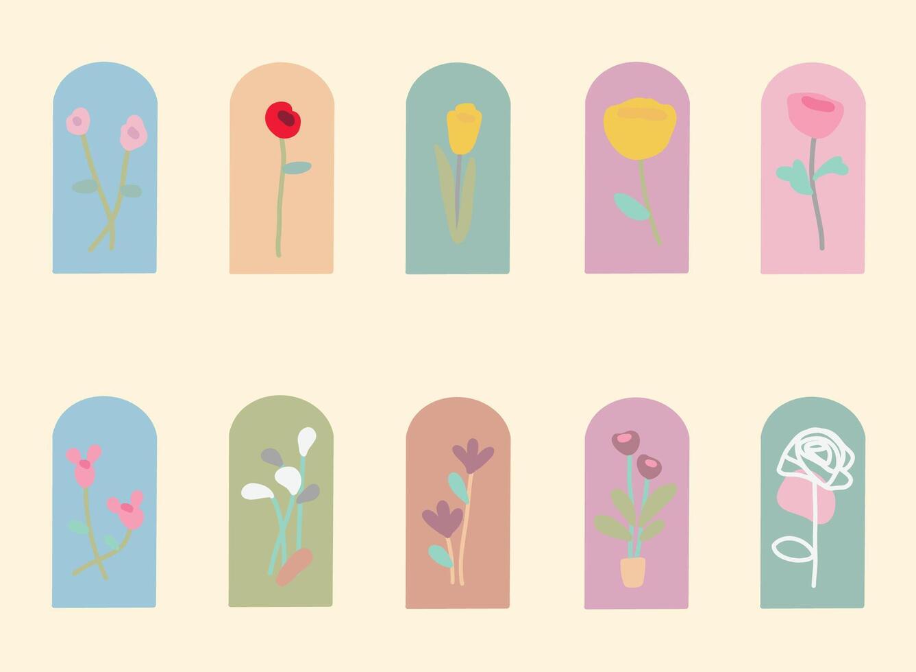Set of abstract floral illustrations with hand drawn flowers and leaves simple design for greeting card, cover, poster, social media or brochure vector