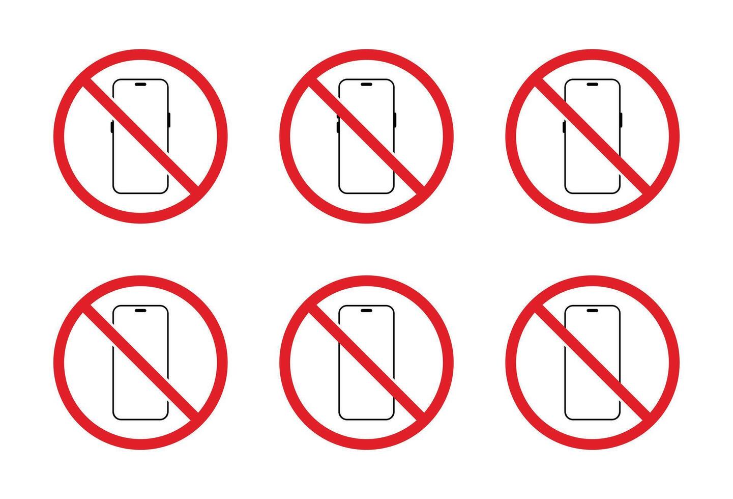 No smartphone icon set collection. Mobile phone prohibition area sign. Cellphone with forbidden symbol vector