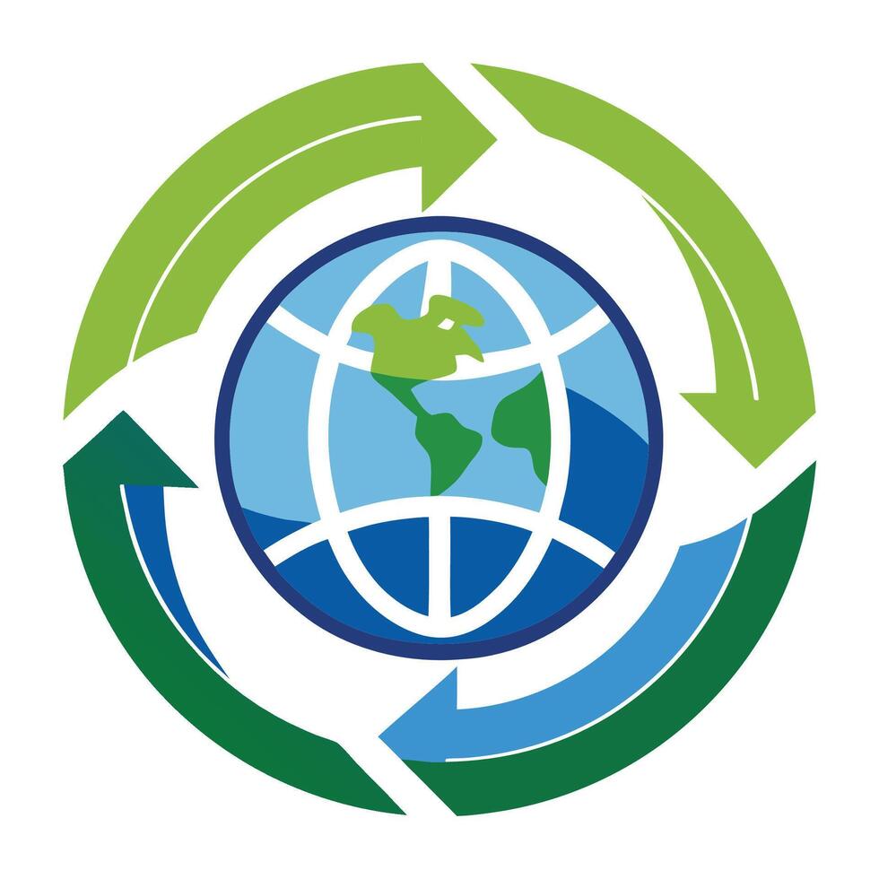 Circular logo designed for a recycling business featuring a globe and arrows indicating sustainability and ecofriendliness for environmental impact vector