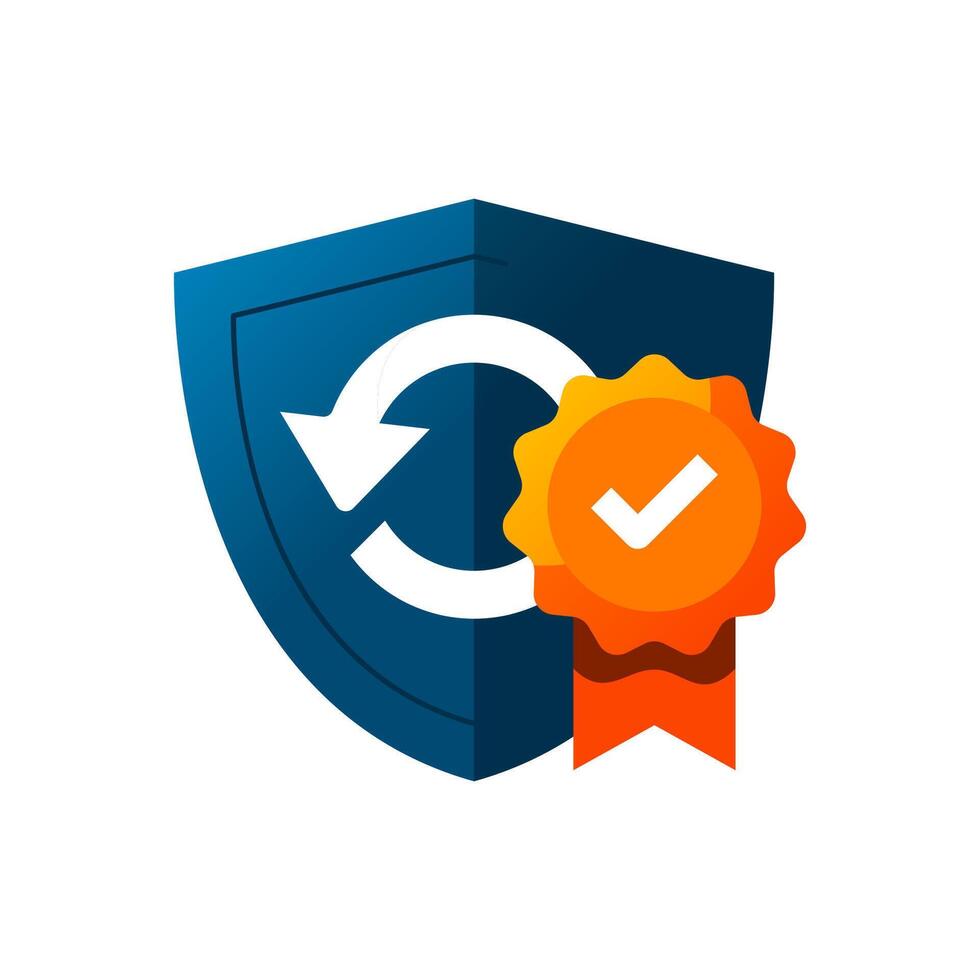 Guarantee shield flat illustration. circular arrow and badge icon. warranty, protection, money back, secure service, or product assurance. Editable flat design for marketing materials vector