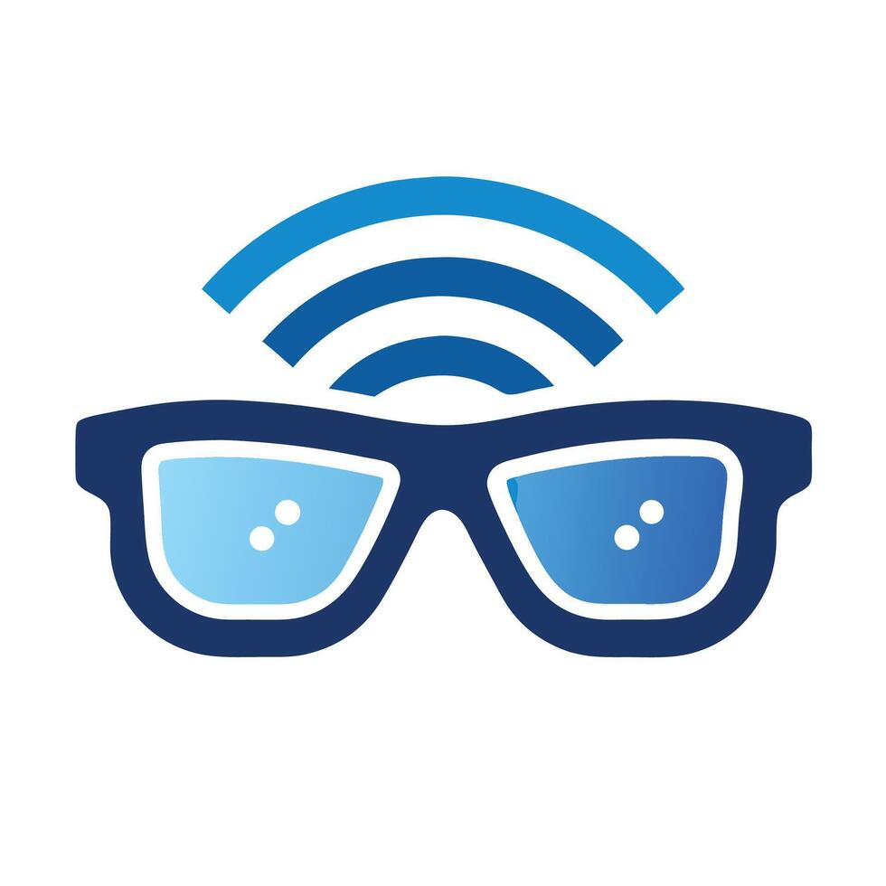 Modern logo design for innovative smart eyewear technology featuring sleek glasses and wireless connectivity symbol vector