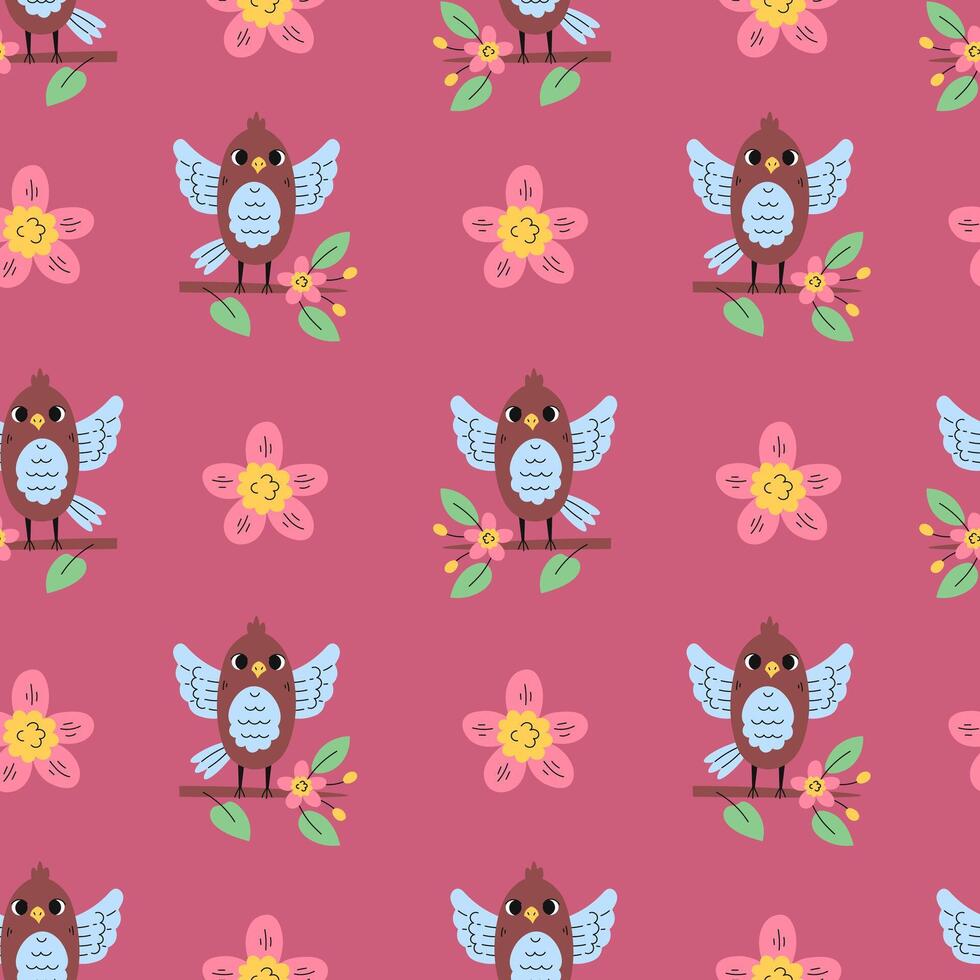 Bird Perch Branch Flower Seamless Pattern vector