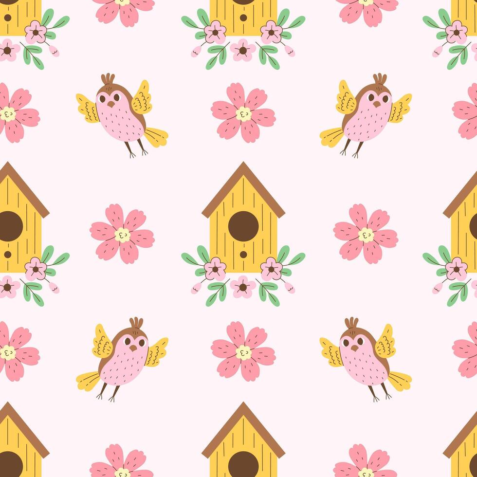 Flying Bird Birdhouse Flower Seamless Pattern vector