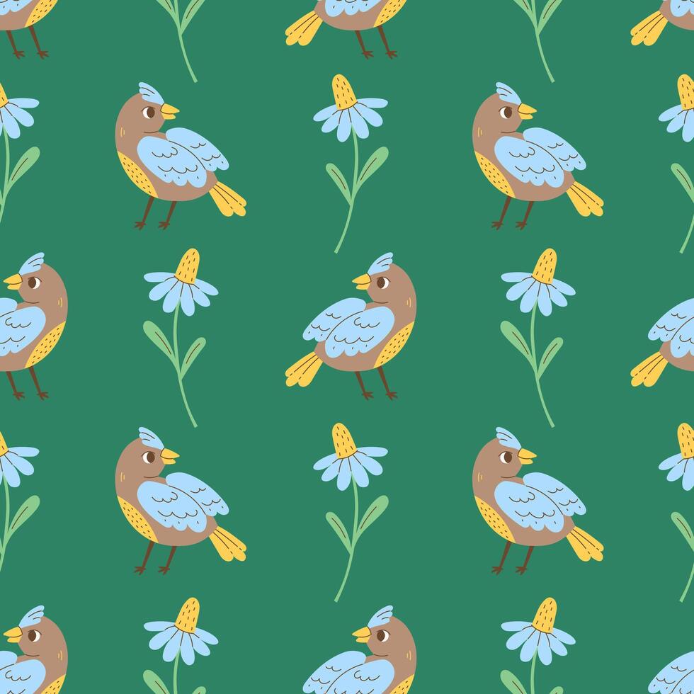 Crest Bird Chamomile Flower Seamless Pattern vector