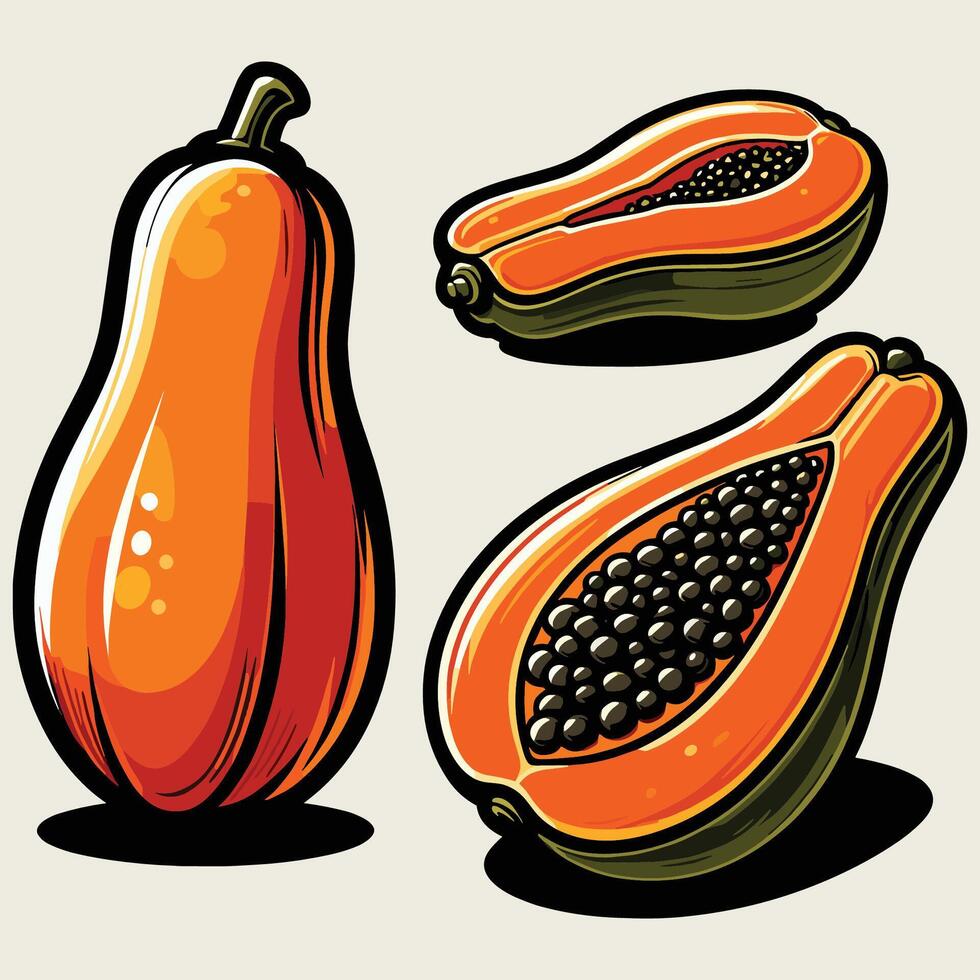 Fresh Tropical Papaya Fruit Illustration with Whole and Sliced Halves vector