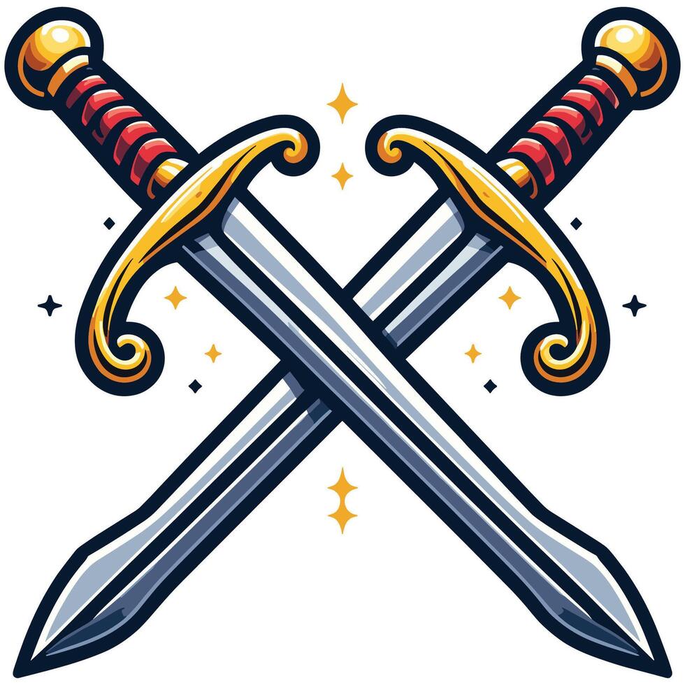 Shiny Medieval Swords with Red and Gold Handles in Battle Formation Vintage Warrior Weapon Illustration vector