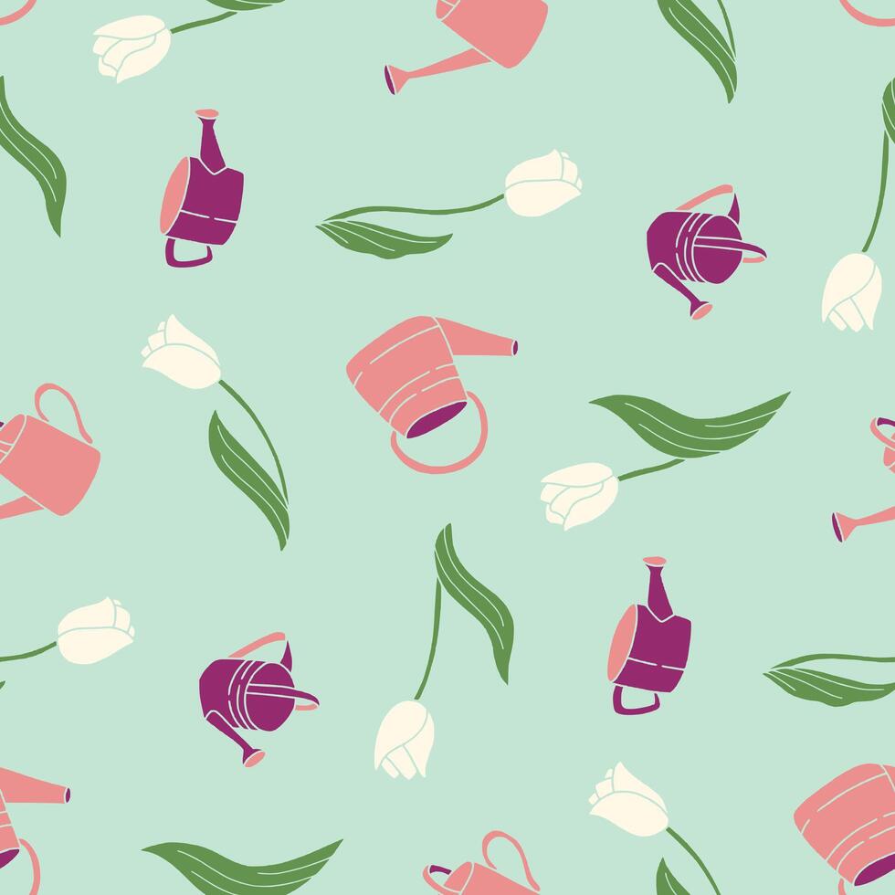 Seamless Pattern of Tulip Watering Can Background for Fashion Wrapping Print Fabric Surface vector