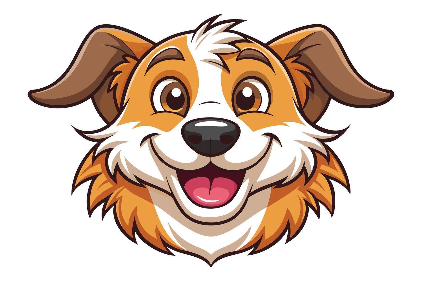 Cartoon dog mascot head with a cheerful grin, orange and white fur, vector