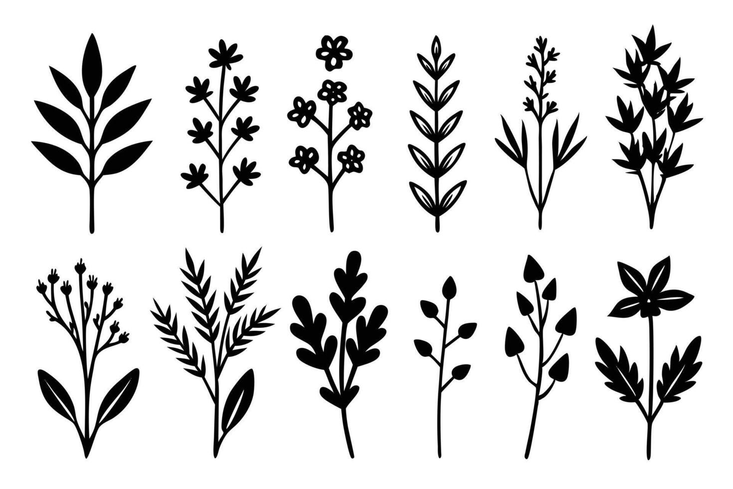 Botanical Silhouettes Assortment Featuring Flowers and Various Leafy Branches vector