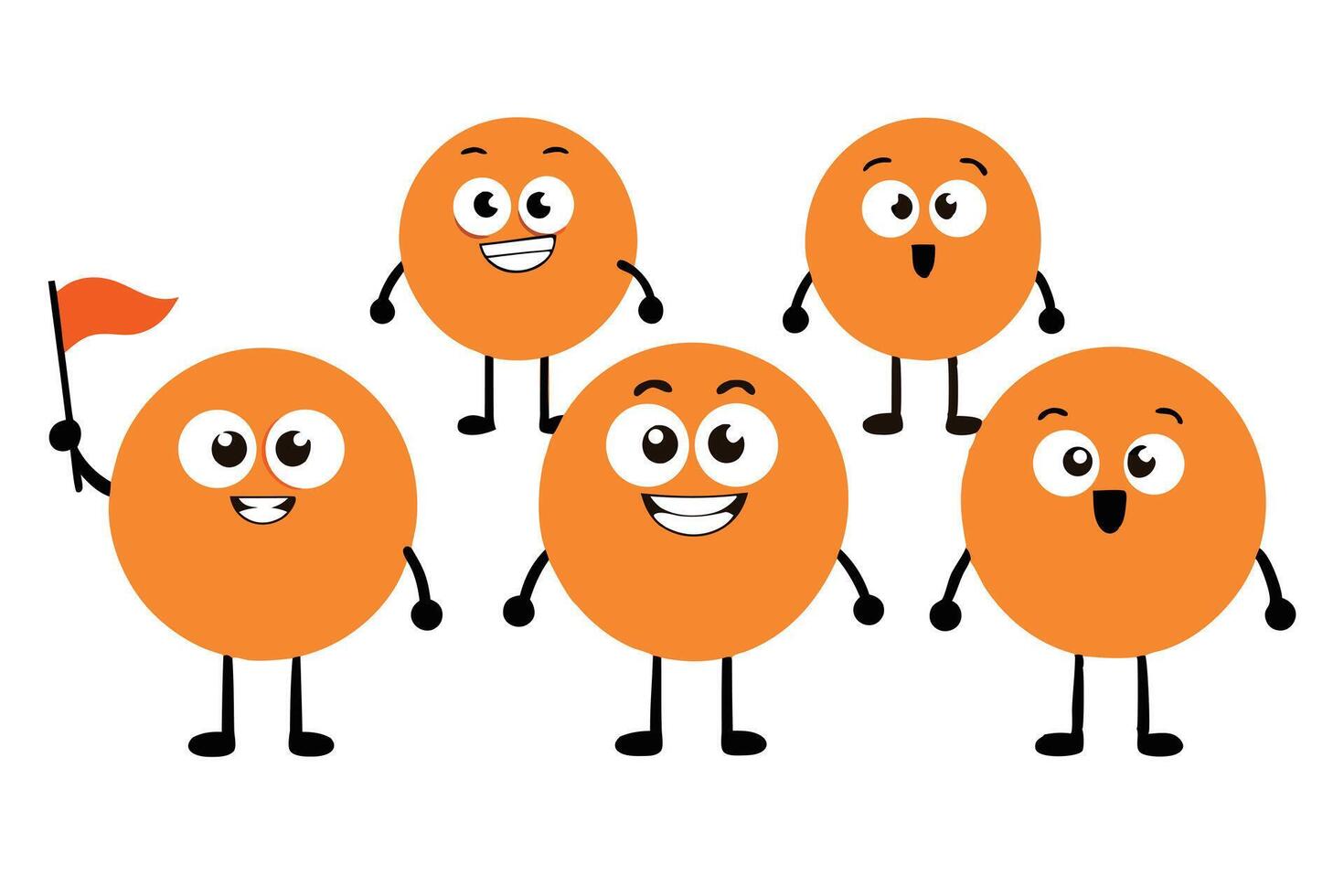 Joyful Orange Circle Characters with Googly Eyes, Flag on White Backdrop vector
